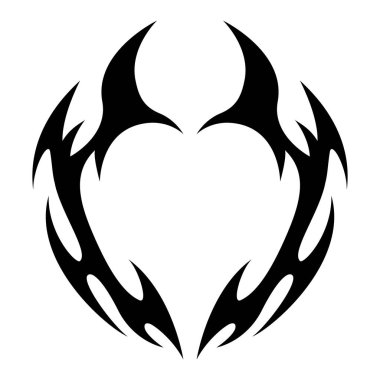 Neo kabilesinin boynuzlu kalp ikonu. Y2K şeklinde. Sevgililer Günü için vektör sembolü, Cadılar Bayramı, rock müzik veya metal tasarımlar, dövmeler. Düz bir arkaplanda siyah dekoratif tabela izole.