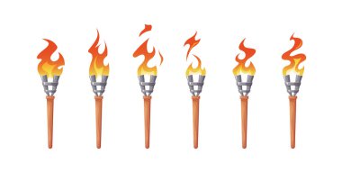 Meşale animasyon sayfası. 2D oyunlar için yangın dizisi yakılıyor. Eski ortaçağ meşaleleri. Çizgi film projeleri için bir dizi alev efekti. Beyaz arkaplanda izole edilmiş vektör
