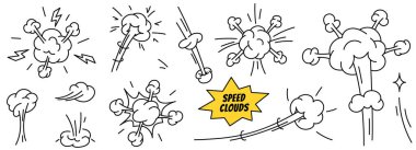 Doodle süper kahraman komedi efektleri. Hız çizgileri olan bulutlar hareket, sıçrama, patlama ve çarpışma etkilerini gösteriyor. Çizgi film tarzında el çizimi simgesi. Beyaz arkaplanda izole edilmiş vektör illüstrasyonu.