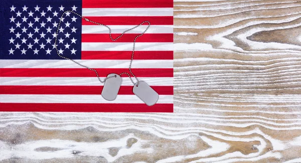 USA Flag and military ID tags on fade white wood background — Stock Photo, Image
