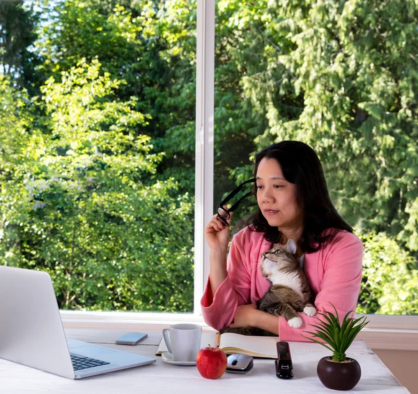 Mature woman holding her pet cat while working from home in morn — Stock Photo, Image