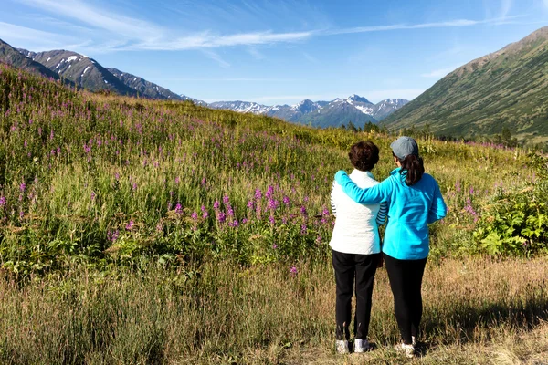 Mother and daughter looking at wild flowers with mountains and f — Stock Photo, Image