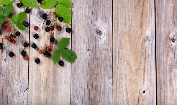 Biologische wilde bramen en bladeren op rustieke houten planken — Stockfoto