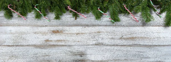 Rand Der Immergrünen Zweige Mit Zuckerrohrschmuck Für Weihnachten Oder Neujahr — Stockfoto