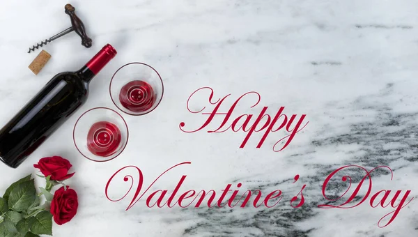Apertore Vino Rosso Cavatappi Felice San Valentino Sfondo Pietra Marmo — Foto Stock