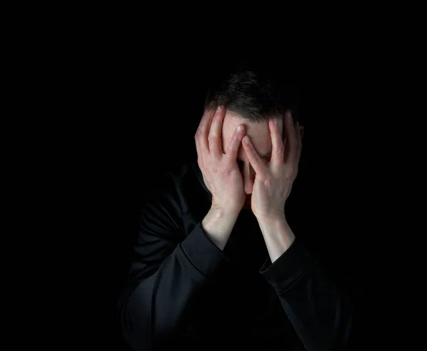 Depressed Mature Man Face Both Hands While Surrounded Darkness — Stock Photo, Image