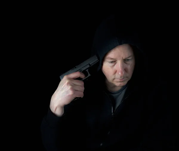 Depressed Mature Man Ready Commit Suicide Gun Pointed Side Head — Stock Photo, Image