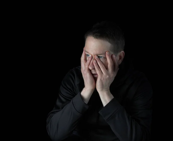 Depressed Mature Man Holding His Face Both Hands While Looking — Stock Photo, Image