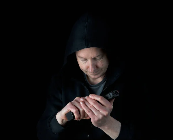 Depressed Mature Man Contemplating Suicide While Looking Hand Gun Dark — Stock Photo, Image