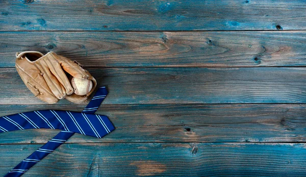 Old Baseball Glove Ball Neck Tie Faded Blue Wood Happy — Stock Photo, Image