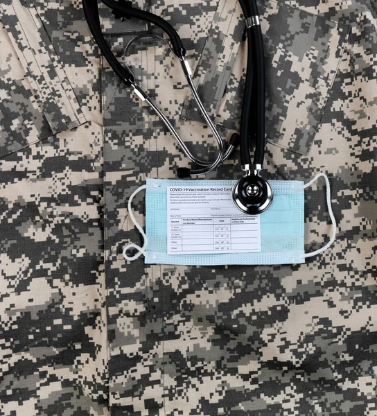 Covid Vaccination Record Card Personal Facemask Stethoscope Military Uniform Individual — Stock Photo, Image