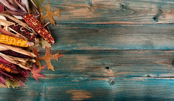 Faded Autumn Leaves Corn Rustic Blue Wooden Planks Thanksgiving Holiday — Stock Photo, Image
