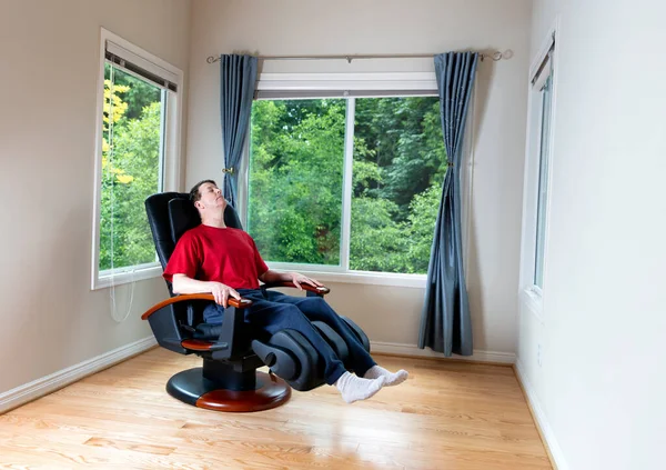 Mature Man Relaxing Home Massage Chair Pain Relief Back Legs — Stock Photo, Image