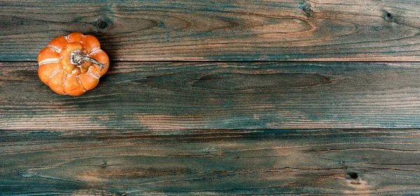 Ein Die Jahre Gekommener Einzelner Kürbis Auf Verblichenen Blauen Holzplanken — Stockfoto