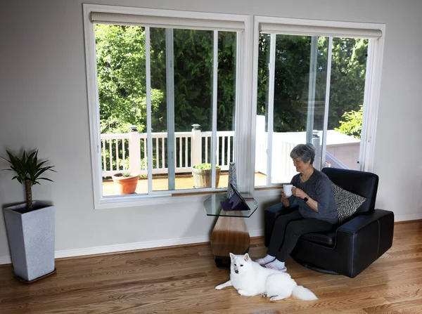 Старшая Женщина Наслаждается Утренним Кофе Просматривая Свой Компьютер Плюс Собака — стоковое фото