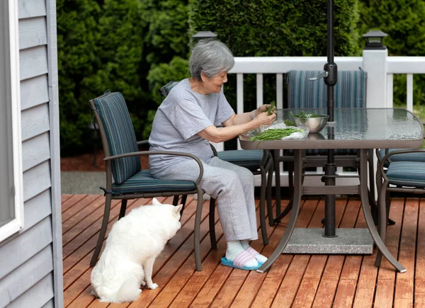 Senior Woman Working Fresh Garden Herbs While Outdoor Table Deck — Stock Photo, Image