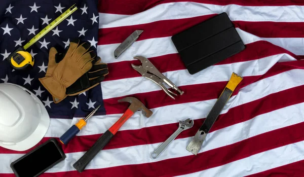 American Flag Assortment Work Tools Mobile Technology Labor Day Holiday —  Fotos de Stock