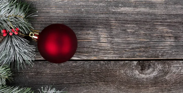 Close Single Red Ball Ornament Frost Snow Fir Branches Wooden — Stock Photo, Image