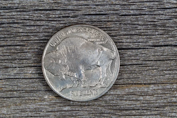 American Buffalo Nickel on Rustic Wood — Stock Photo, Image