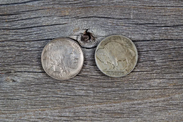 Vintage Buffalo Nickels on Age Wood — Stock Photo, Image