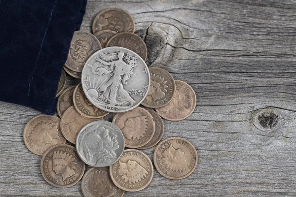 Bag of United States Rare Coins on Wood — Stock Photo, Image