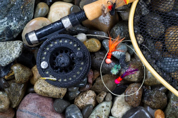 Вологий рибальський снаряд форелі на річкових скелях — стокове фото