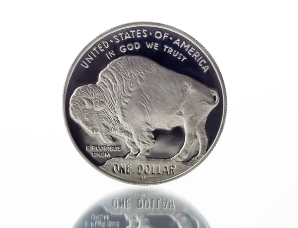 Buffalo Silver Dollar with Reflection on White — Stock Photo, Image