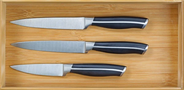 Inside New Wooden Kitchen Drawer with Clean Knife Set — Stock Photo, Image