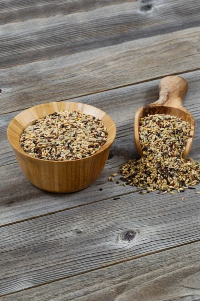 Traditional Mixed Grain Rice with Kitchenware on Rustic Wood — Stock Photo, Image