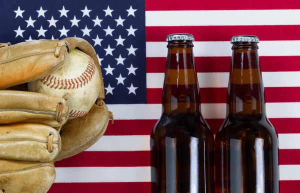 American pastime with baseball and beer — Stock Photo, Image