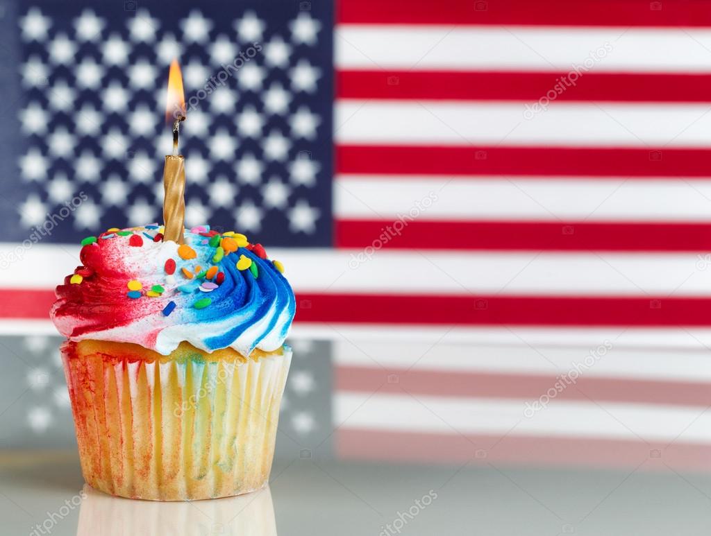 Fourth of July Cupcake with Light Candle 