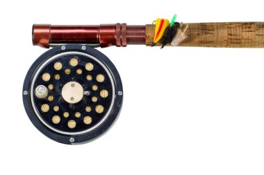 Antique fly reel and rod on white background  clipart