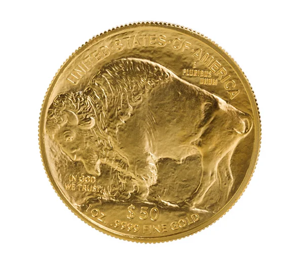 Moeda de ouro fino Buffalo no fundo branco — Fotografia de Stock