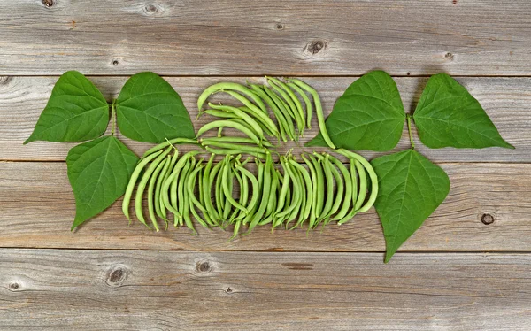 Organized green beans and leaves on rustic wooden boards — 图库照片