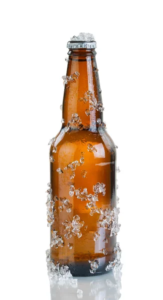 Bira şişe buz ve beyaz arka plan üzerinde yoğunlaşma ile — Stok fotoğraf