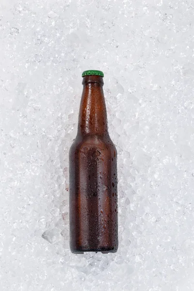 Single bottle of beer cooling down on pile of ice — Stock Photo, Image