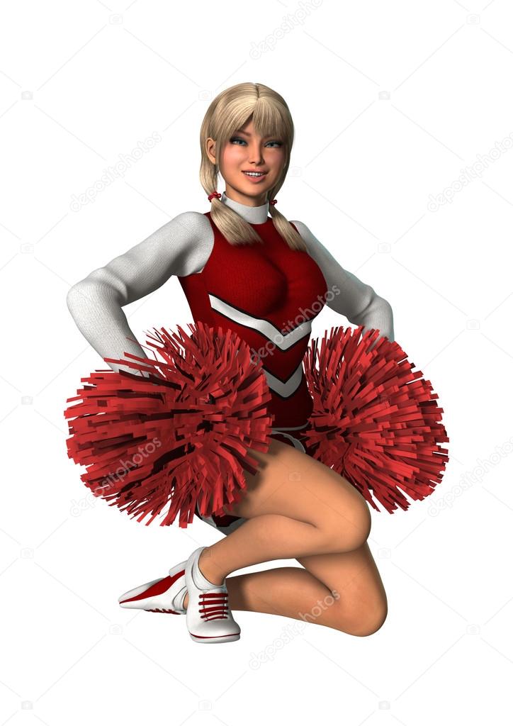 Cheerleader with Pompoms on White