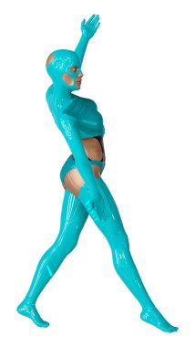 Beyaz arka planda izole edilmiş bir kadın robotun 3 boyutlu canlandırması