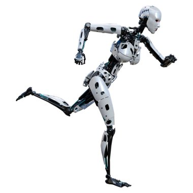 Beyaz arka planda izole edilmiş bir kadın robotun 3 boyutlu canlandırması
