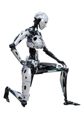 Beyaz arka planda izole edilmiş bir kadın robotun 3 boyutlu canlandırması