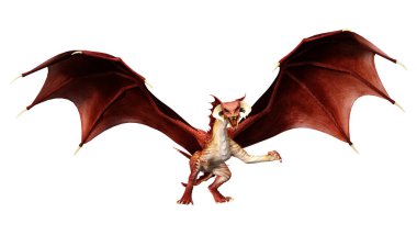 Beyaz arka planda izole edilmiş bir fantezi ejderhanın 3 boyutlu canlandırması