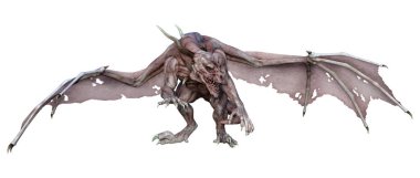 Beyaz arka planda izole edilmiş bir fantezi ejderhanın 3 boyutlu canlandırması