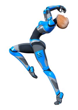 Beyaz arka planda izole edilmiş bir kadın robotun 3 boyutlu canlandırması