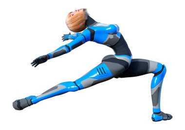 Beyaz arka planda izole edilmiş bir kadın robotun 3 boyutlu canlandırması