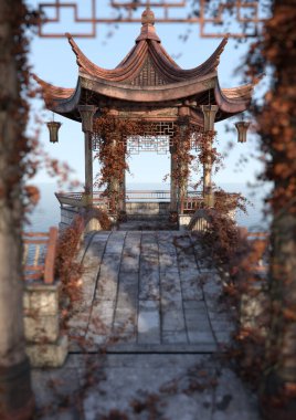 Köprüsü olan eski bir Asya pavyonunun 3B görüntüsü