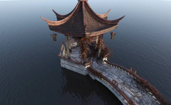 Rendu Ancien Pavillon Asiatique Avec Pont — Photo