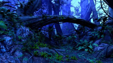 Mavi ışıkta bir gece ormanının 3 boyutlu canlandırması
