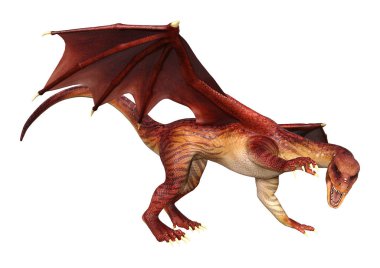 Beyaz arka planda izole edilmiş bir fantezi ejderhanın 3 boyutlu canlandırması