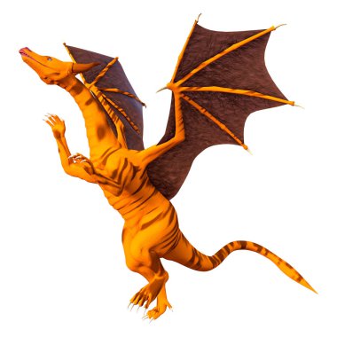 Beyaz arka planda izole edilmiş bir fantezi ejderhanın 3 boyutlu canlandırması