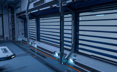 Bir bilim kurgu yemek odasının 3 boyutlu görüntüsü.